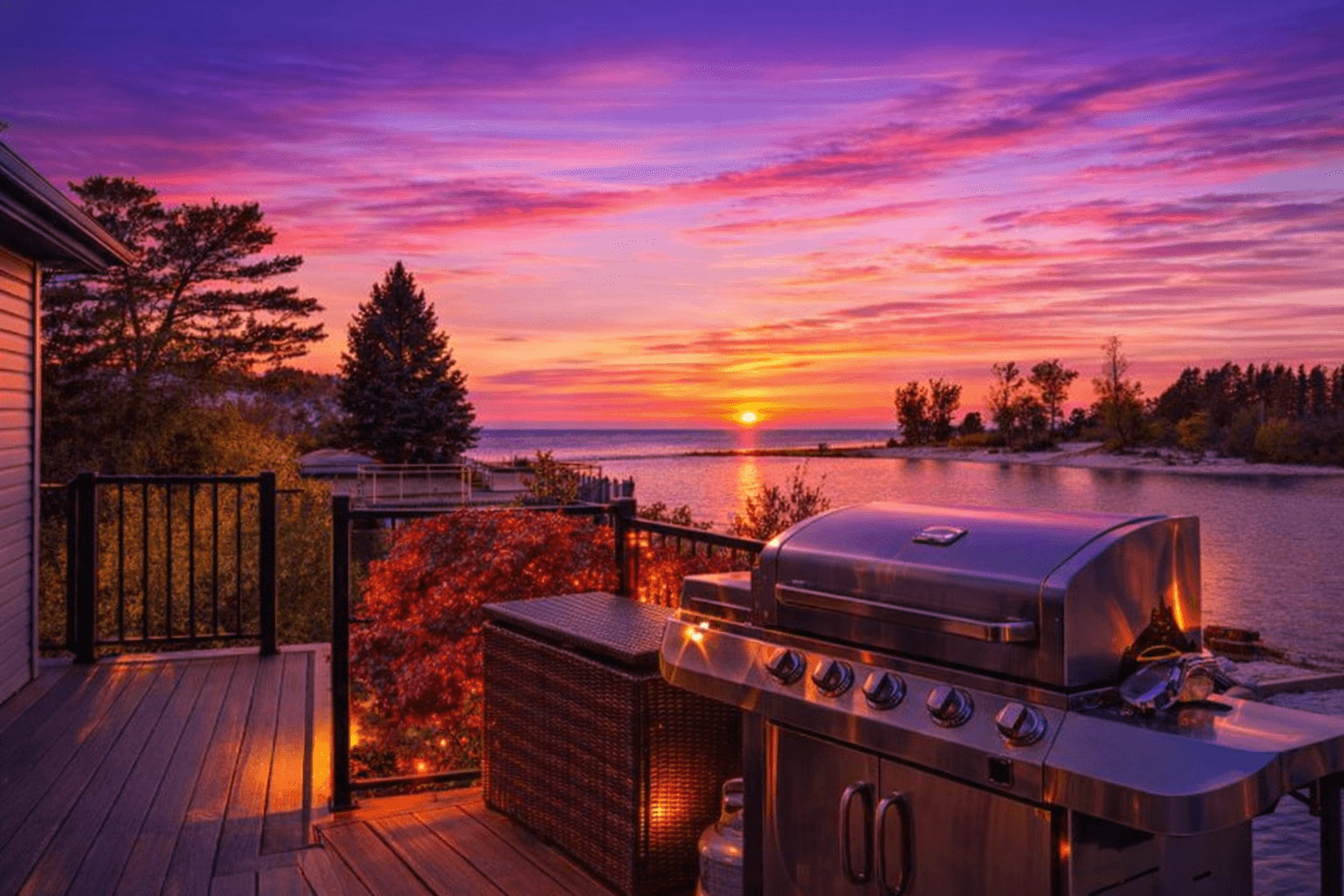 Stainless steel grill on a deck overlooking a vibrant pink and purple sunset over water.